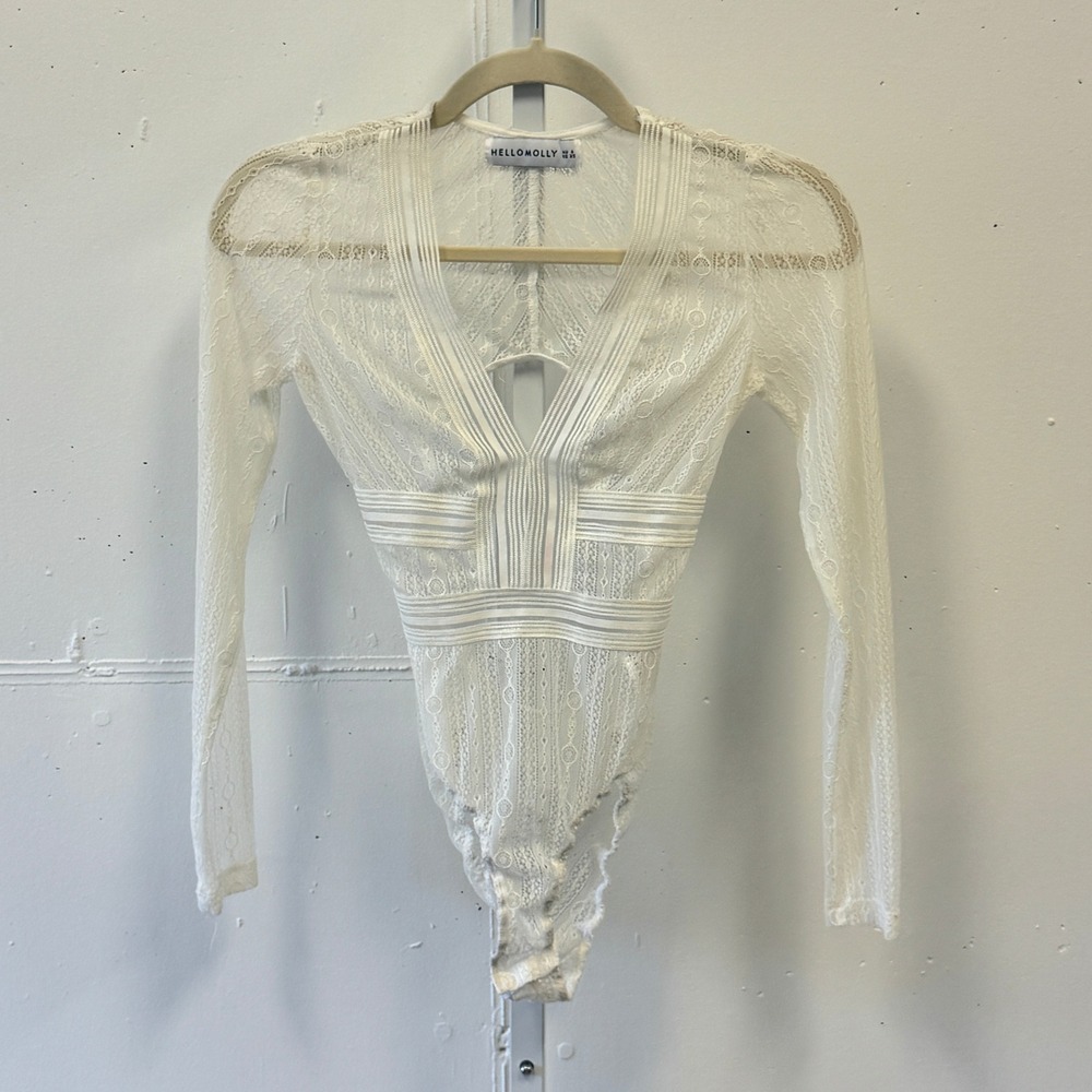 Hello Molly White Lace SheerLong Sleeve Open Back V-Neck Bodysuit Womens XS
